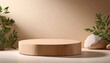 © pjjaruwan - A mockup of an empty podium with a light brown wooden top and stone base, beige wall in the background.