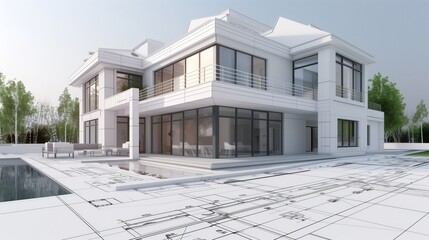 Poster - 3d rendering project of new building model house on blueprint plan