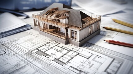 Poster - vision of architecture of a 3d model house project with blueprint