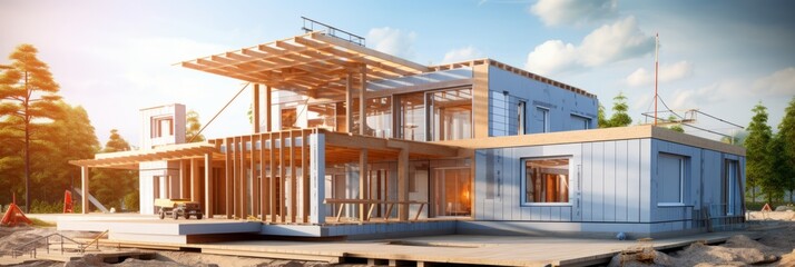 Poster - vision of architecture of a 3d model house project with blueprint