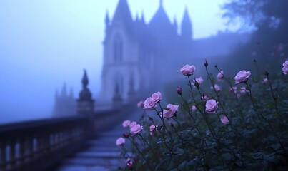 Misty gothic style architecture and roses, Generative AI