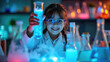 © SerPak - A young girl wearing a lab coat and glasses enthusiastically holds a glowing blue beaker, surrounded by various laboratory equipment in a chemistry lab, symbolizing early interest in science.