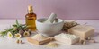 © Bounpaseuth - Organic soap-making process, natural ingredients being mixed, 3D illustration. copy space for text, no text, no logo