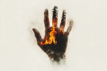 Handprint symbol painted on a fire, nature ecology concept