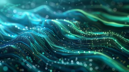 A digital water flow integrated with abstract circuitry patterns, stylized graphic design, soft gradients of blue and green, futuristic technology theme, glowing light effects