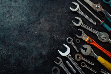 Spanners and tools on dark black background. Top view with copy space