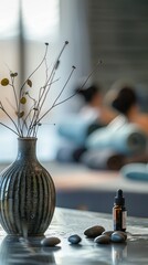 Poster - An elegant ceramic vase holds delicate dried flowers, set on a spa table to enhance a tranquil environment for relaxation