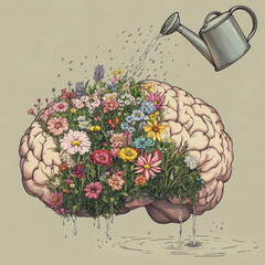 Wall Mural - An imaginative illustration of a brain depicted as a garden. The brain is full of flowers and plants, and a watering can is pouring water onto it.