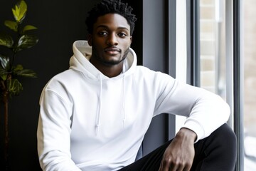 Model mockup of attractive African American man wearing a hoodie sweater.