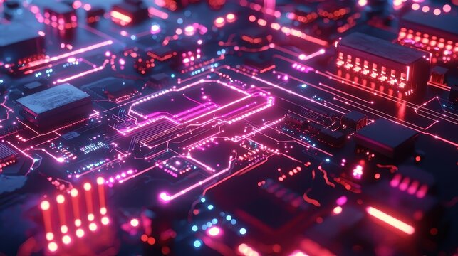 Futuristic circuit board design with neon highlights and open space for tech text 