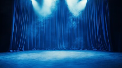 blue curtain on magic theatre stage with spotlight