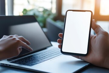 Poster - The mockup illustrates a computer screen and a mobile phone with a white background in which a woman is using a laptop to text on a mobile phone. Also shown is a contact business search information