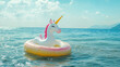 © Maverick - Playful Inflatable Unicorn Ring Floating on Clear Sea Water