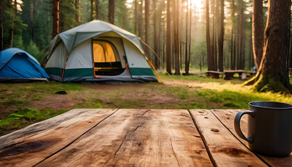 Camping tent in autumn sunny  forest outdoor hiking background