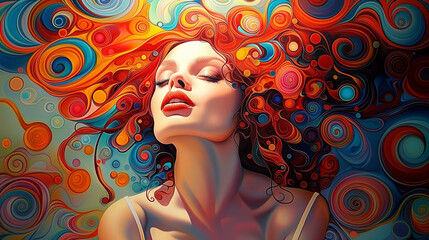 Wall Mural - modern expression colorful woman drawing. pop art painting in bright colours
