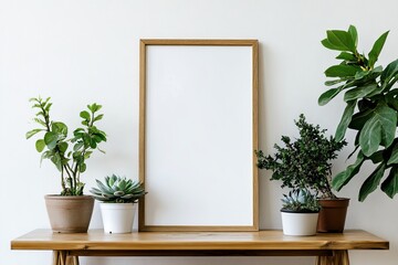 Wall Mural - A Scandinavian room is decorated with a mock up photo frame on a brown bamboo shelf with beautiful plants in different hipster and design pots. The walls are white, and the shelves are decorated with