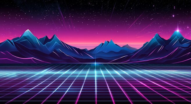 Retro video games, futuristic design, computer graphics and sci-fi technology concept. Background template made with glowing neon lights.