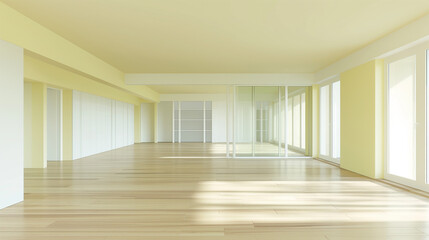  An open-concept living area in a pastel yellow house