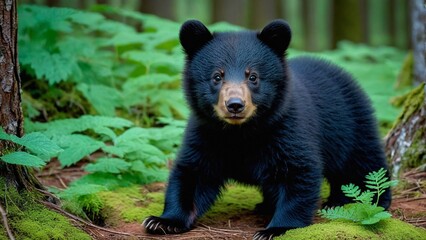 Poster - a black bear is standing on a moss covered rock.