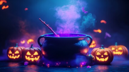 Wall Mural - 3d render of a cartoon halloween cauldron with purple smoke and glowing