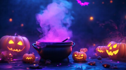 Wall Mural - 3d render of a cartoon halloween cauldron with purple smoke and glowing