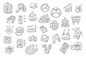 Poster - Hand drawn doodle business analytics icons set. Data analysis, infographic with chart and graph, marketing icon