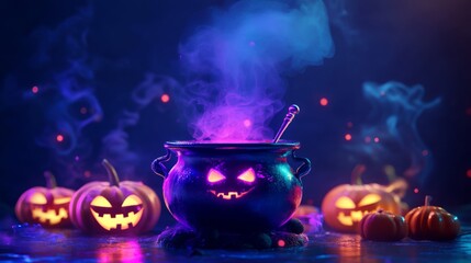 Wall Mural - 3d render of a cartoon halloween cauldron with purple smoke and glowing