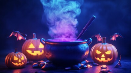 Wall Mural - 3d render of a cartoon halloween cauldron with purple smoke and glowing