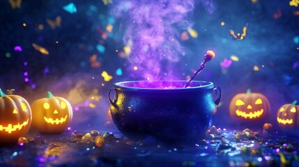 Wall Mural - 3d render of a cartoon halloween cauldron with purple smoke and glowing