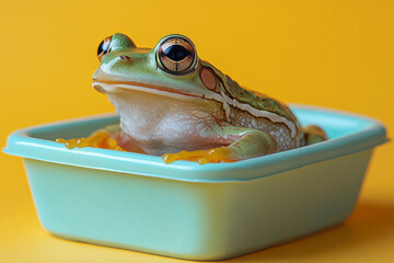 Aufkleber - A frog in a dissecting tray, isolated on a pastel yellow background, symbolizing anatomy studies,