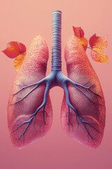 Poster - A set of lungs, isolated on a pastel pink background, symbolizing respiratory biology and human anatomy,