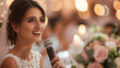© Thitiporn - Smiling bride giving heartfelt wedding speech during reception, holding microphone with joy