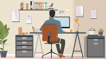 Poster - a moment of deep concentration with a businessman working on his computer at a minimalist desk. Surround him with organized files, a modern office chair, and subtle decor that emphasizes productivity