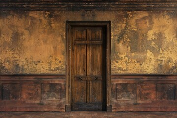 Wall Mural - A worn-out wooden door in an old building with peeling paint, perfect for decorating a room or using as a background