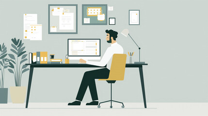 Poster - a moment of deep concentration with a businessman working on his computer at a minimalist desk. Surround him with organized files, a modern office chair, and subtle decor that emphasizes productivity