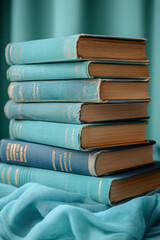 Poster - A stack of math textbooks, isolated on a pastel mint background, representing mathematical knowledge,
