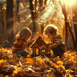 © linda_vostrovska - Group of joyful children building house in autumn leaves in the forest with sunshine.