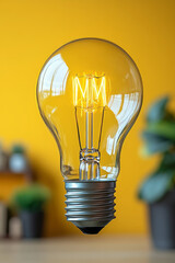 Poster - A light bulb glowing, isolated on a pastel yellow background, representing ideas and creative thinking,