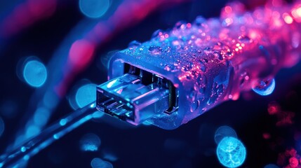 Wall Mural - A close-up of an Ethernet cable connector with water droplets, illuminated by dynamic blue and red lights, suggesting technology and connectivity themes.