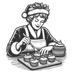 Wall Mural - woman in festive attire meticulously decorating holiday cupcakes, nostalgic and cheerful Christmas baking scene sketch engraving generative ai raster illustration. Black and white image.