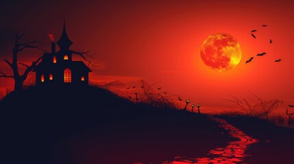 Wall Mural - a spooky halloween background showcasing a haunted house on a hill, silhouetted against a full moon,