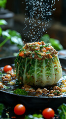 Canvas Print - A bowl of food with meat and vegetables is being sprinkled with salt. The dish is served in a pan and has a variety of ingredients including tomatoes, onions, and greens