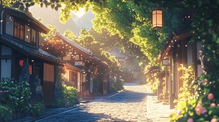 Wall Mural - village town in morning anime style