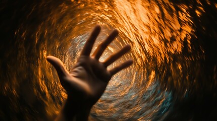 Poster - A hand reaching out toward swirling golden water in a circular motion during sunset