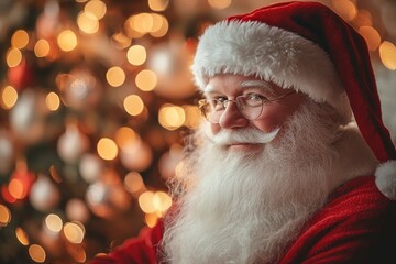 Santa Claus with warm bokeh lights in the background. Perfect for creating a cozy holiday atmosphere.