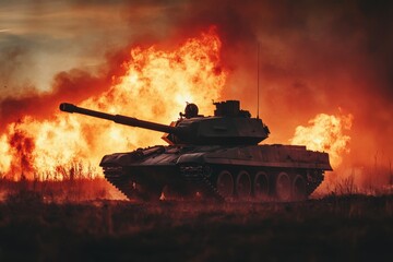 Armored battle tank advancing fiery battlefield at dusk