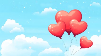 Wall Mural - Valentine's Day flat background with heart-shaped balloons and clouds on a blue sky background.