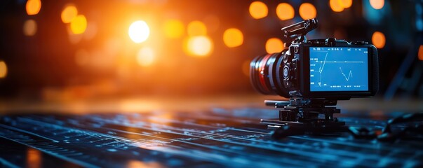 A professional camera captures stunning visuals against a blurred lights background, perfect for showcasing photography technology.