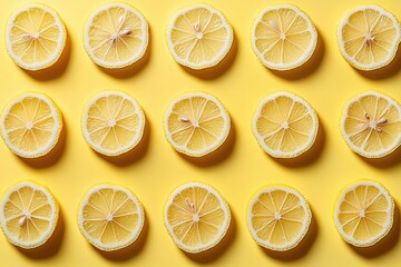 vibrant array of fresh lemon slices on yellow background