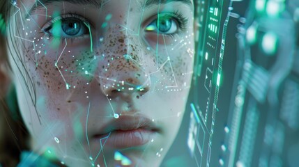 Poster - Close Up Portrait of a Young Woman with a Digital Interface Overlaid on Her Face